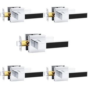 image:imageProbrico Heavy Duty Square Door Handle with Black Leather Hand Lever Keyless Passage Interior Door Levers for Hallway or Closet Polished Chrome 5 Pack