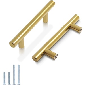 image:imageProbrico 5 Pack 3 Hole Centers Gold Cabinet Pulls Euro Bar Cabinet Hardware Kitchen Bathroom Cabinet Modern T Bar Dresser Pull Drawer Handles 5 Inch Overall Length