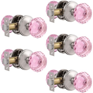 image:imageProbrico NonLocking Door Handles Interior for Hallway and Closet 5 Pack Crystal Door knobs Passage in Round Faceted Diamond Shape Heavy Duty Pink Glass Door Knob with Brushed Nickel Round Rosette