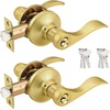 image:imageProbrico 2 Pack Wave Style Keyed Alike Entry Levers Exterior Interior Satin Nickel Keyed Door Handles with Lock and Same Keys Reversible for Right Left Handed DoorsGold