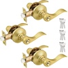 image:imageProbrico 2 Pack Wave Style Keyed Alike Entry Levers Exterior Interior Satin Nickel Keyed Door Handles with Lock and Same Keys Reversible for Right Left Handed DoorsGold