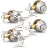 image:imageProbrico 4 Pack Keyed Alike Entry Handlset with Single Cylinder Deadbolts Combo Pack Satin Nickel Door Lever for Front and Entrance Door Interior and Exterior Entry Door Knobs Brushed NickelBrushed Nickel