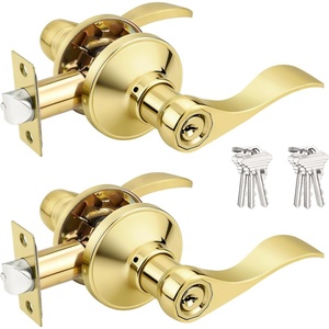 image:imageProbrico 2 Pack Wave Style Keyed Alike Entry Levers Exterior Interior Satin Nickel Keyed Door Handles with Lock and Same Keys Reversible for Right Left Handed DoorsPolished Brass