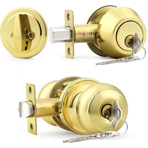 image:imageProbrico 3 Pack Entry Door Knob Set with Single Cylinder Deadbolt Combo Set Keyed Alike Brushed Nickel Door Knobs with Lock and Keys for Entrance Front DoorPolished Brass