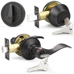 image:imageProbrico 4 Pack Keyed Alike Entry Handlset with Single Cylinder Deadbolts Combo Pack Satin Nickel Door Lever for Front and Entrance Door Interior and Exterior Entry Door Knobs Brushed NickelOil Rubbed Bronze