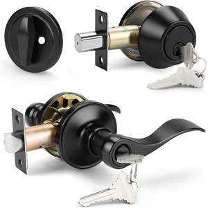image:imageProbrico Entrance Door Lever Deadbolt Sets 3 Set Satin Nickel Exterior Entry Lever and Single Cylinder DeadboltKeyed Alike Combo Keyed Handleset Lockset Exteriorfor Front Door and Outside GateBlack