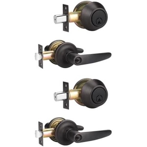 image:imageProbrico Straight Door Handleset Levers with Single Cylinder Deadbolts Combo Keyed Alike Entry Door Handles Lockset Reversible Door Knobs for Right amp Left Side Oil Rubbed Bronze 2 Pack